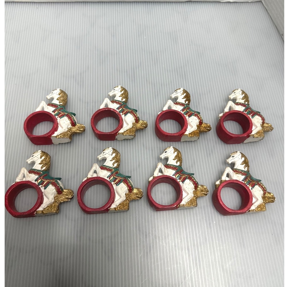 Carousel Horse Napkin Rings Set of 8 Red White Gold Good Resin Vintage